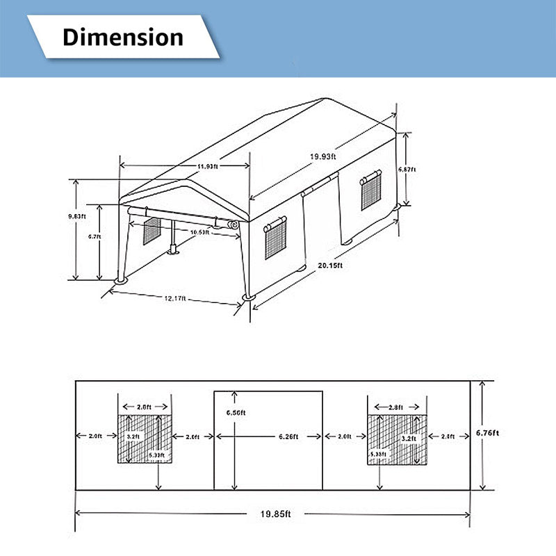 12x20 ft Heavy Duty Metal Carport w/Roll-up Vent Windows&Sidewalls Canopy Garage Boat Shelter, 116.4" H x 143.7" W x 238" D