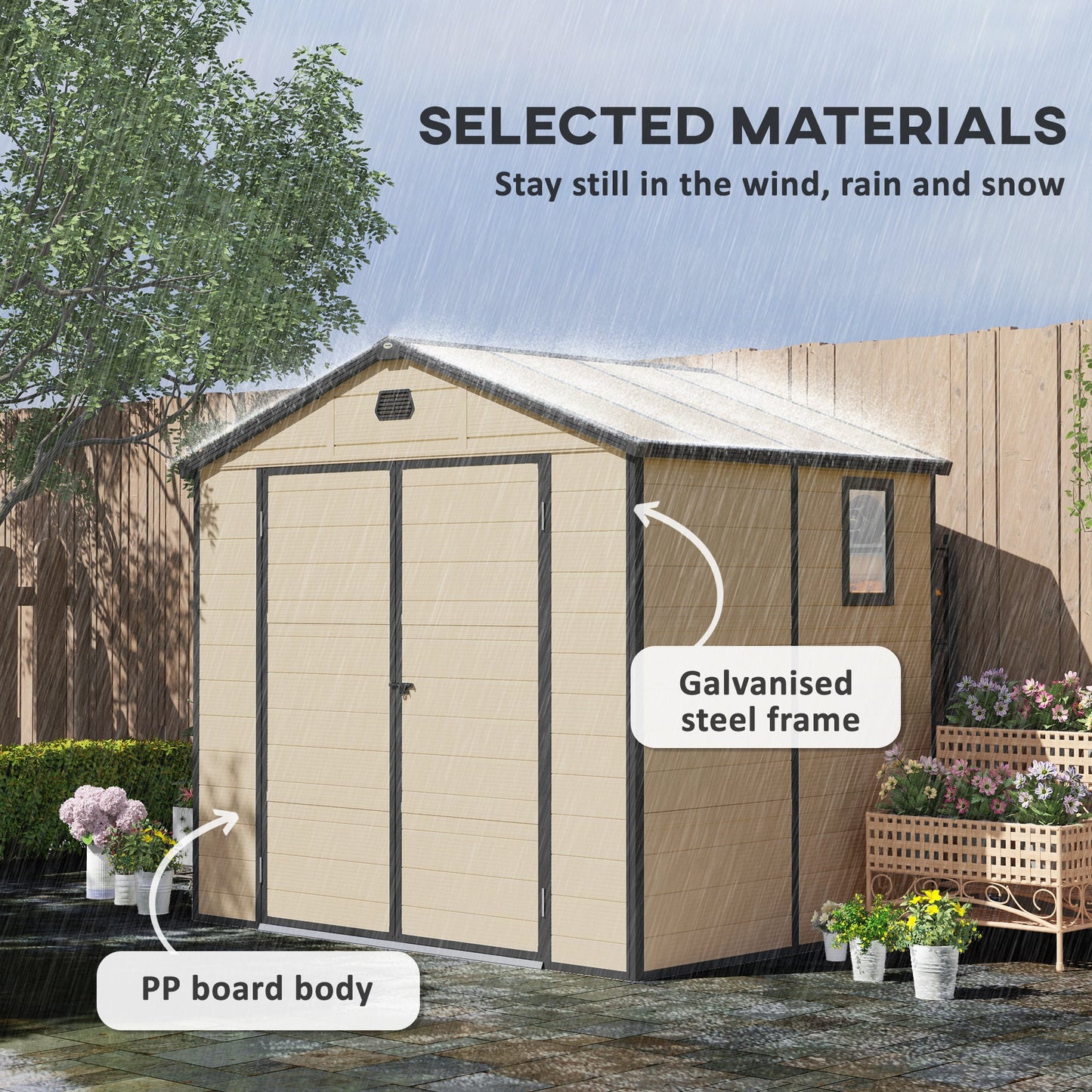 8 x 6ft Garden Shed Storage w/ Foundation Kit, Vents, Cream White