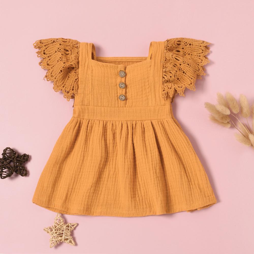 Baby Girls Dresses Solid Color Lace Sleeve Dress Baby Wholesales