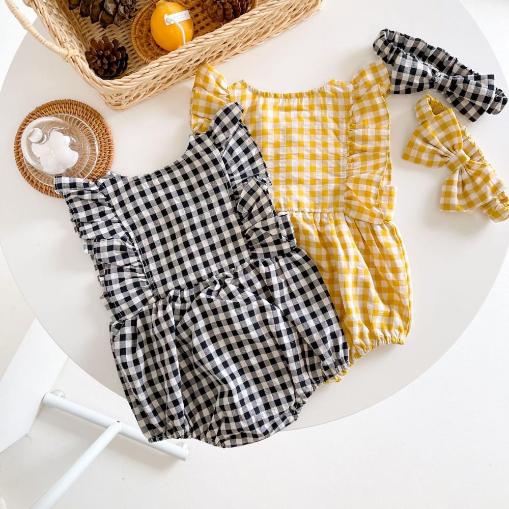 Newborn Baby Girls Lattice Color Matching Romper with Head Band Baby Boutique Clothing Wholesale