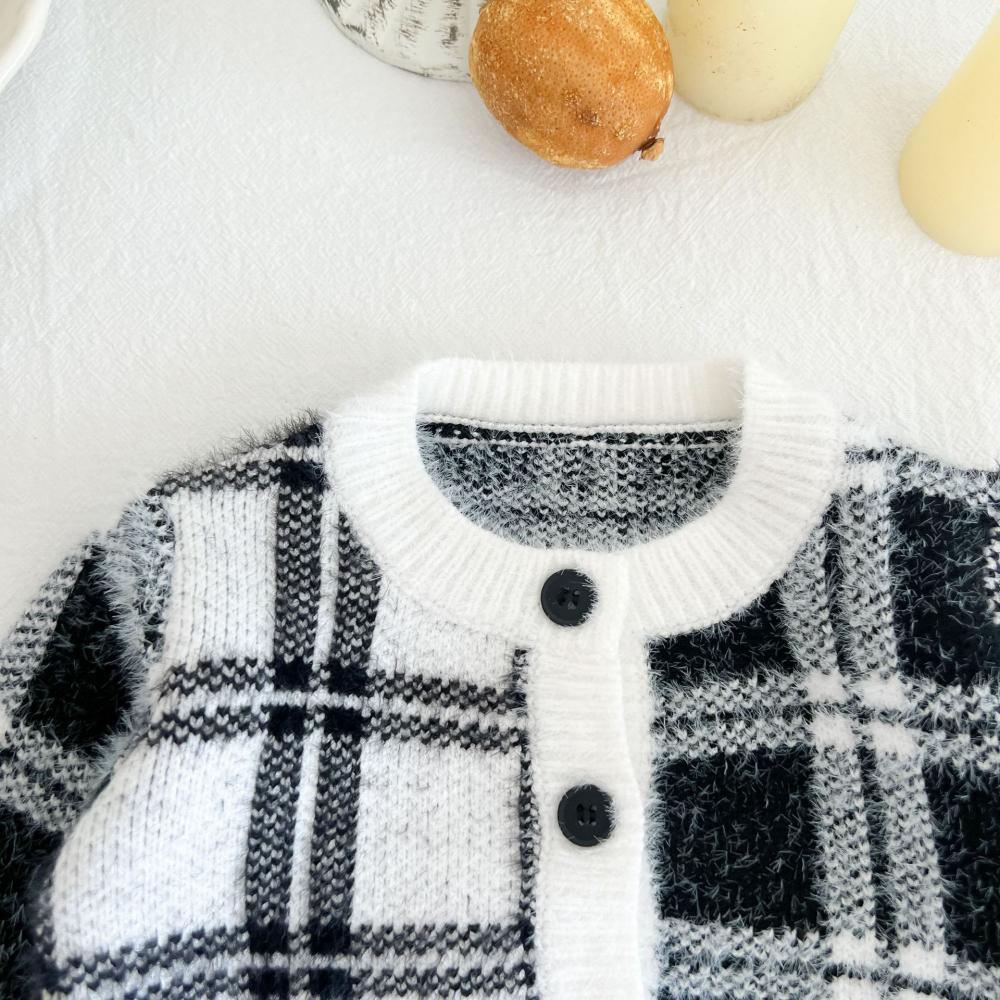 Baby Autumn Baby Classic Black and White Check Knit Cardigan Jacket Cotton Sweater Wholesale