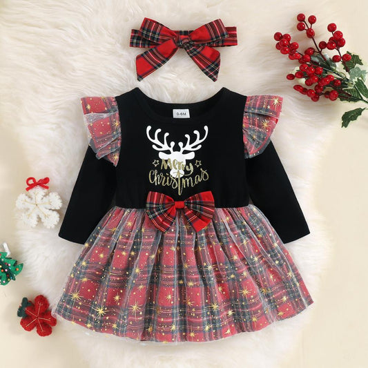 Spring and Autumn Baby Girls Dress Christmas Fawn Print Long Sleeve Skirt Baby Girl Dress In Bulk