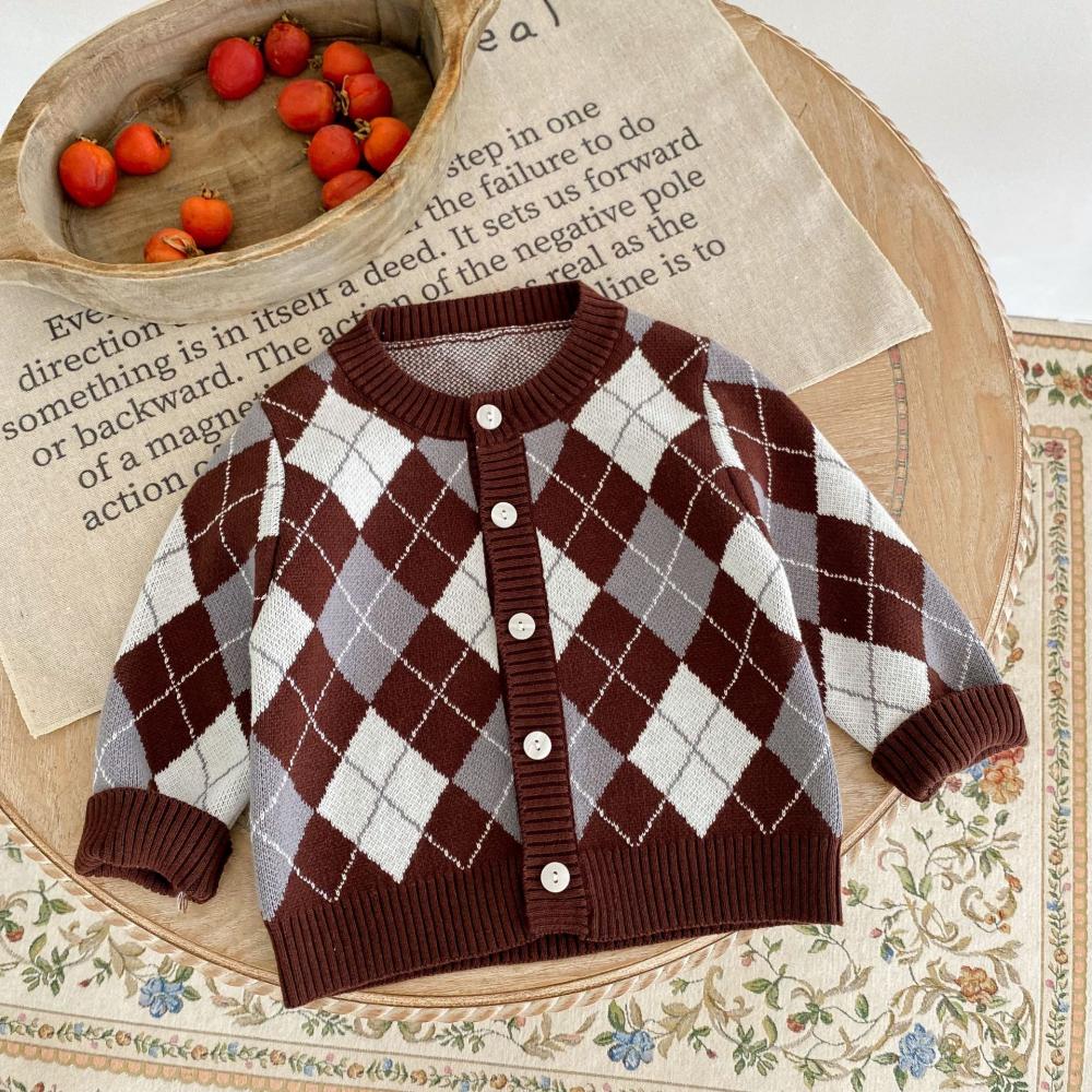 Unisex Autumn Winter Sweater Baby Plaid Knitted Cardigan Coat Wholesale