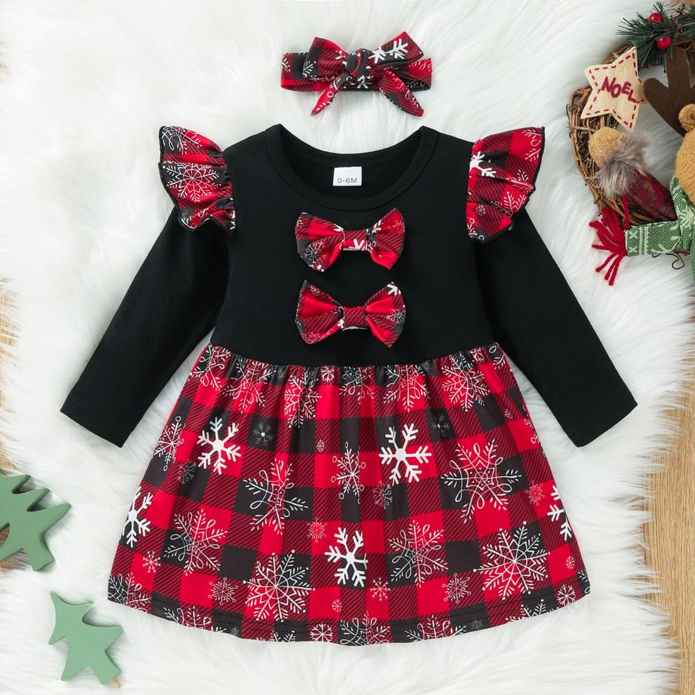 Christmas Clothing Girls Autumn Flying Sleeve Bow Knot Plaid Long Sleeve Dress Wholeslae Baby Girl Dress