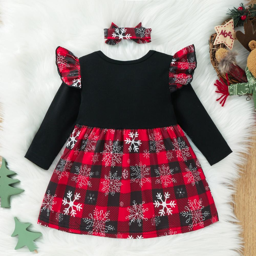 Christmas Clothing Girls Autumn Flying Sleeve Bow Knot Plaid Long Sleeve Dress Wholeslae Baby Girl Dress