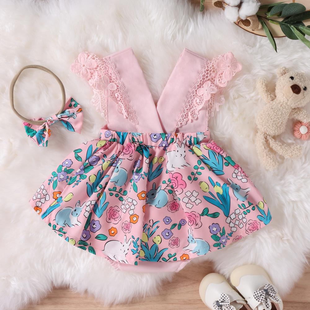 Baby Girls Romper Summer Fly Sleeve Easter Rabbit Printed Onesie Baby Wholesales