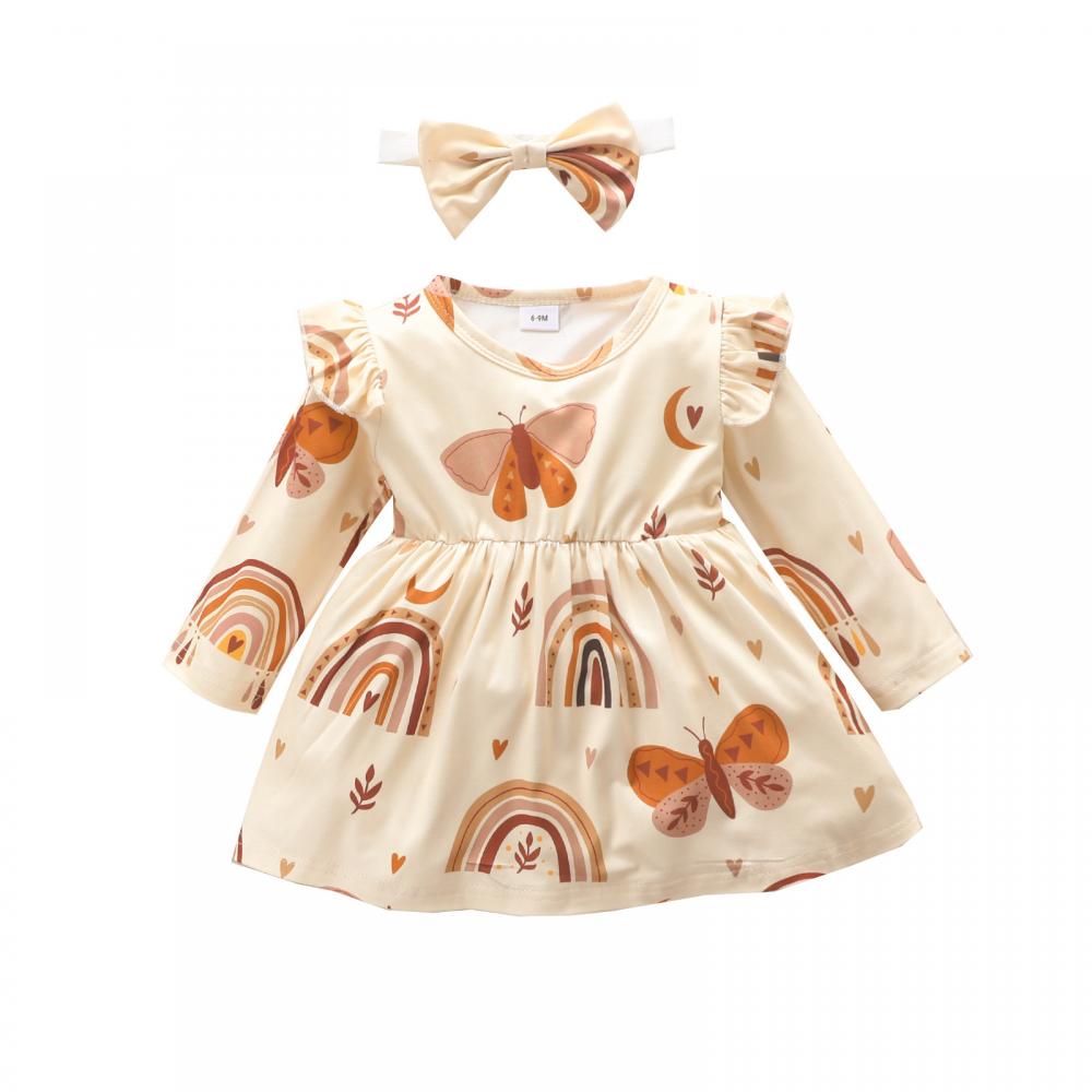 Baby Girl Dress Baby Rainbow Long Sleeve Dress Bow Wholesale Baby Girl Clothes