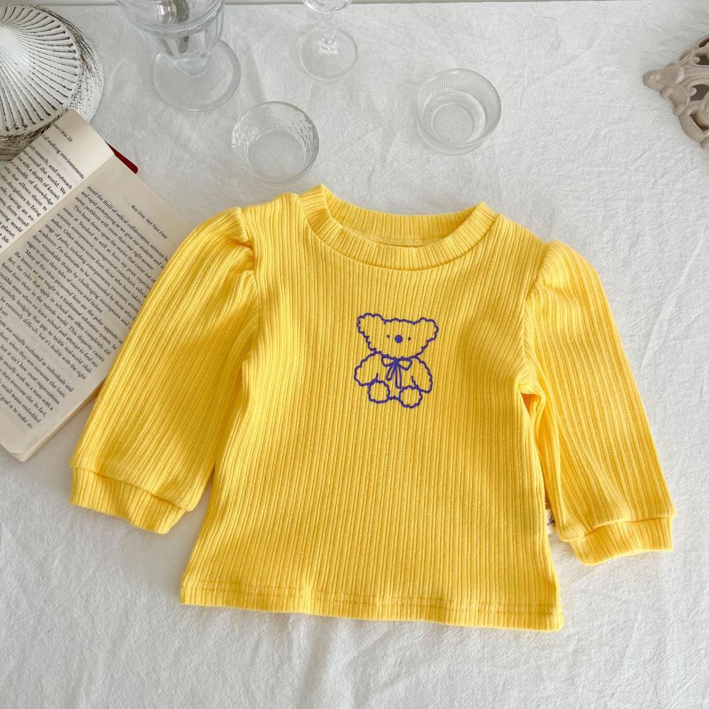 Autumn Baby Girl Cotton Pit Strip Bear Top Bottoming Shirt Wholesale Baby Clothes