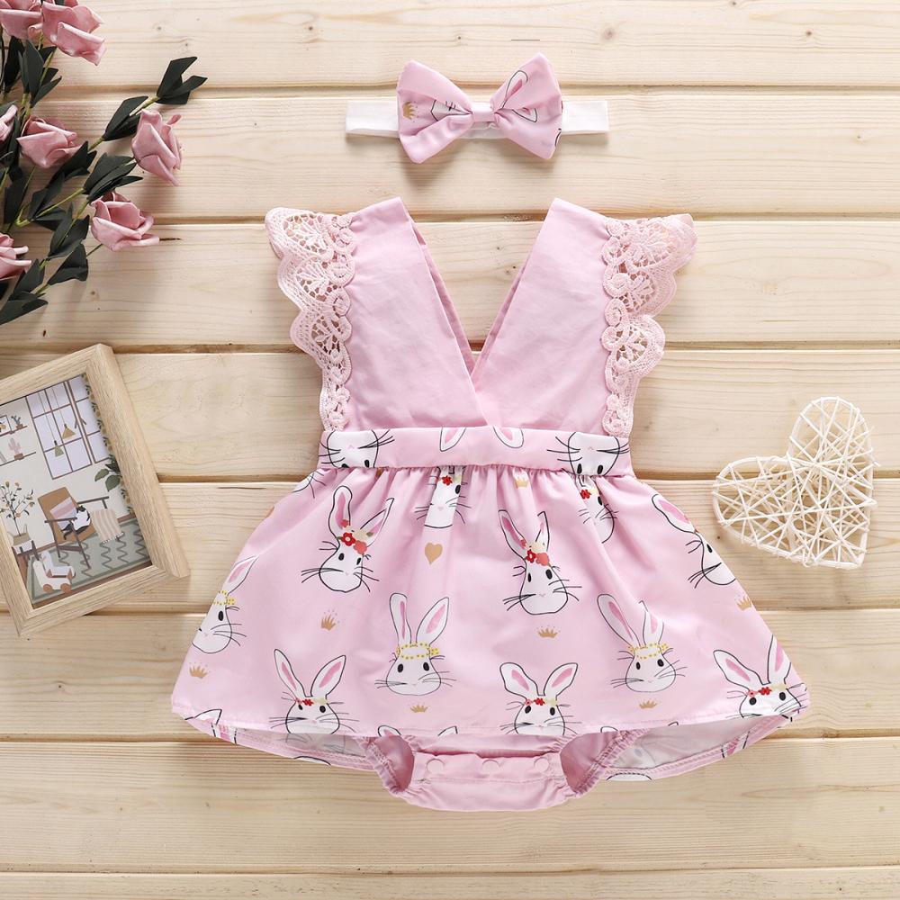 Newborn Girls Romper Rabbit Printed Lace Easter Day Bodysuit Babywear Wholesale