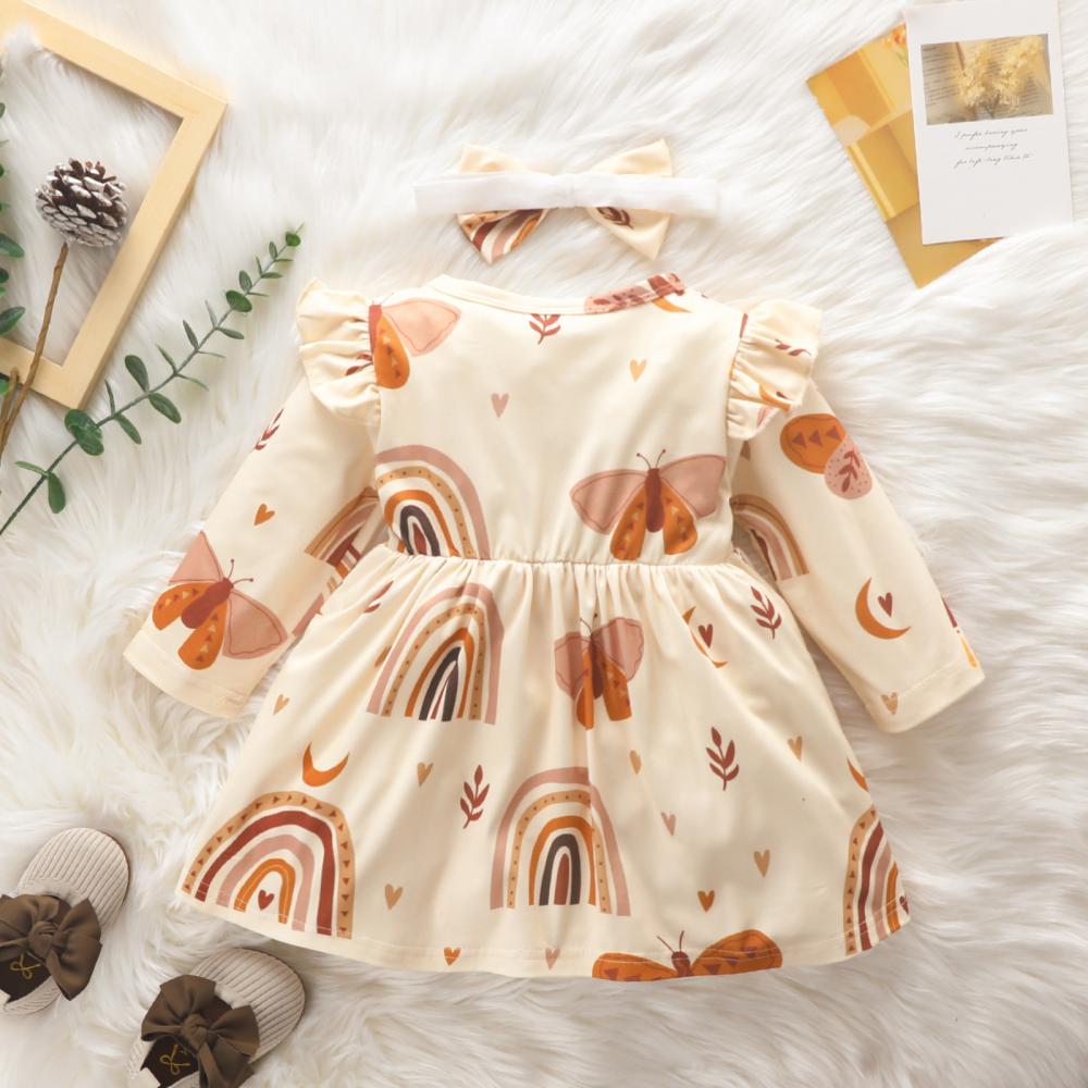 Baby Girl Dress Baby Rainbow Long Sleeve Dress Bow Wholesale Baby Girl Clothes