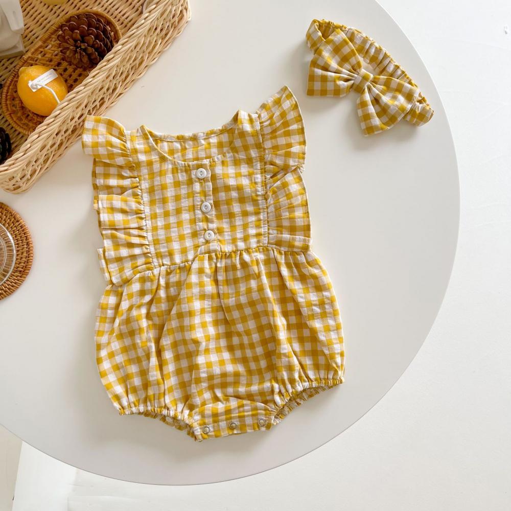 Newborn Baby Girls Lattice Color Matching Romper with Head Band Baby Boutique Clothing Wholesale