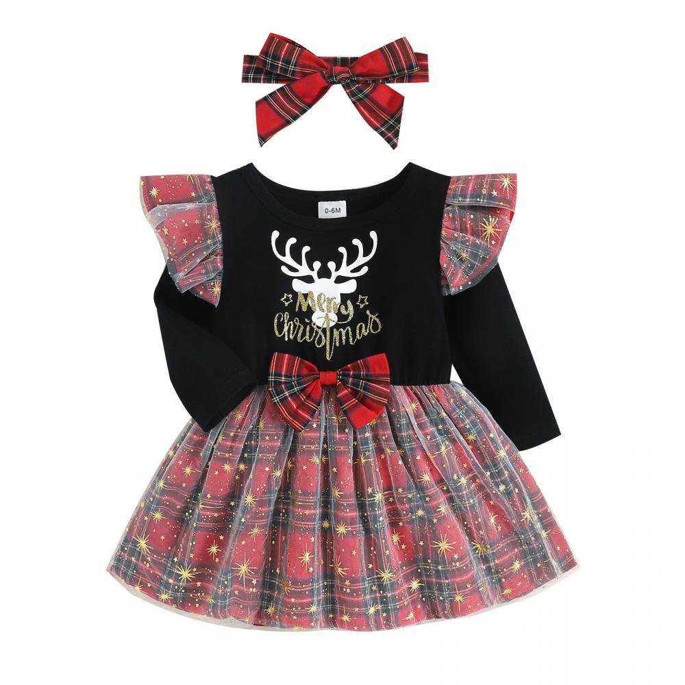 Spring and Autumn Baby Girls Dress Christmas Fawn Print Long Sleeve Skirt Baby Girl Dress In Bulk