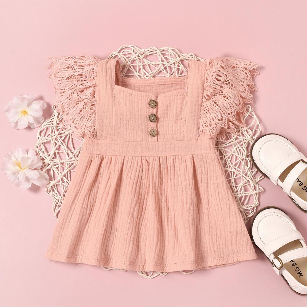 Baby Girls Dresses Solid Color Lace Sleeve Dress Baby Wholesales